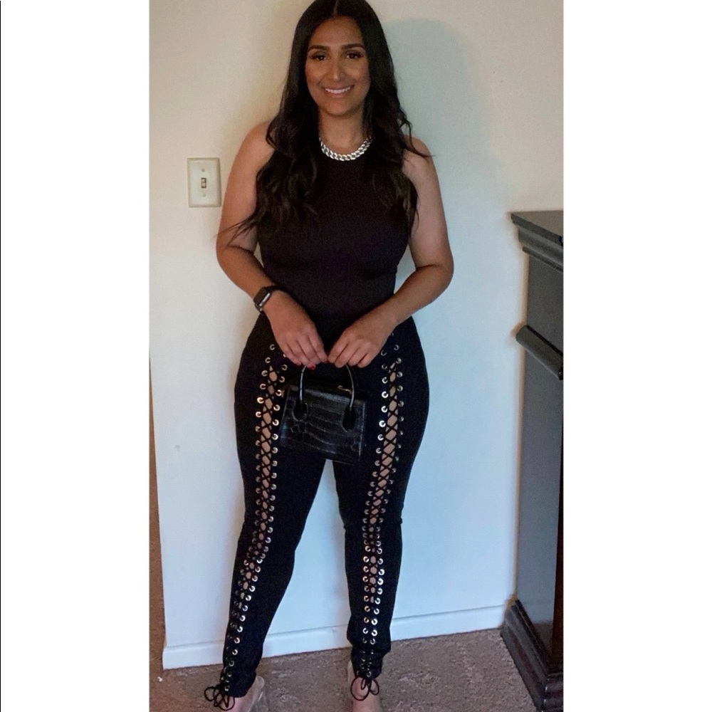 Black High Waisted Lace-up Pants